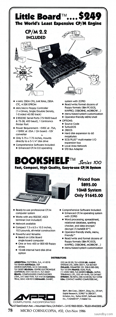 Little Board...$249. The world's least expensive CP/M engine. Bookshelf series 100. Priced from $895, 10MB system only $1645.