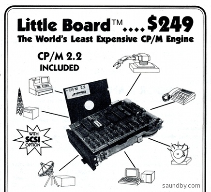 Top of an Ampro ad, showing the Little Board connecting to all sorts of technical doodads. Rules the world with a Little Board and a 5-1/4