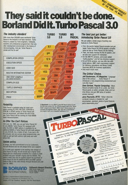 Turbo Pascal 3.0 advertisement.