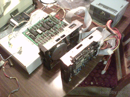 The Ampro Little Board on a tabletop with drives.
